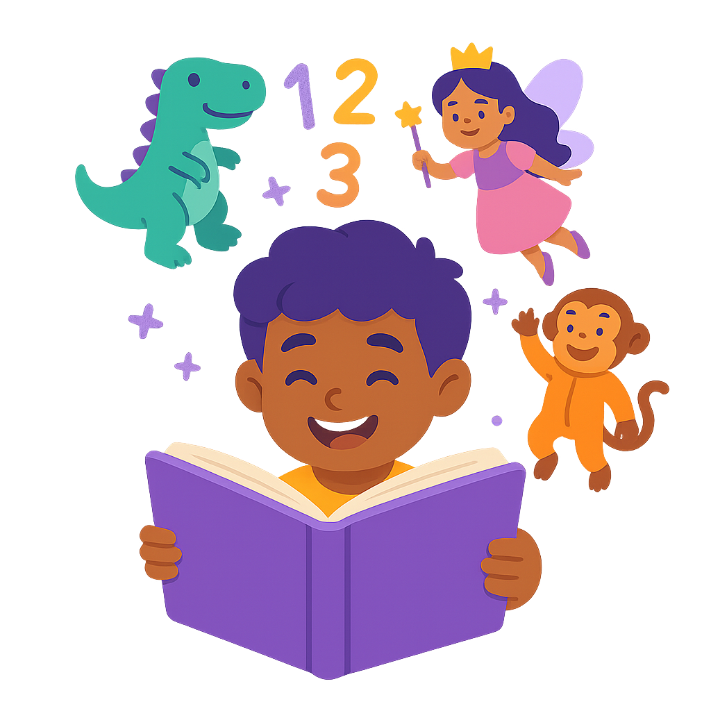 A child reading a bedtime story with numbers and characters hovering above him.